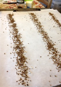 Baking sheet with parchment paper, three strips of butter, sprinkled with anise seed.