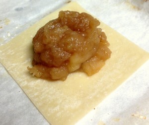 My scoop is no where near centered. But it was close to midnight. At least the apple filling was on the wonton wrapper.
